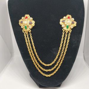 Vintage Double Brooch With Chains Gold Tone With Enamel Details Faux Pearl